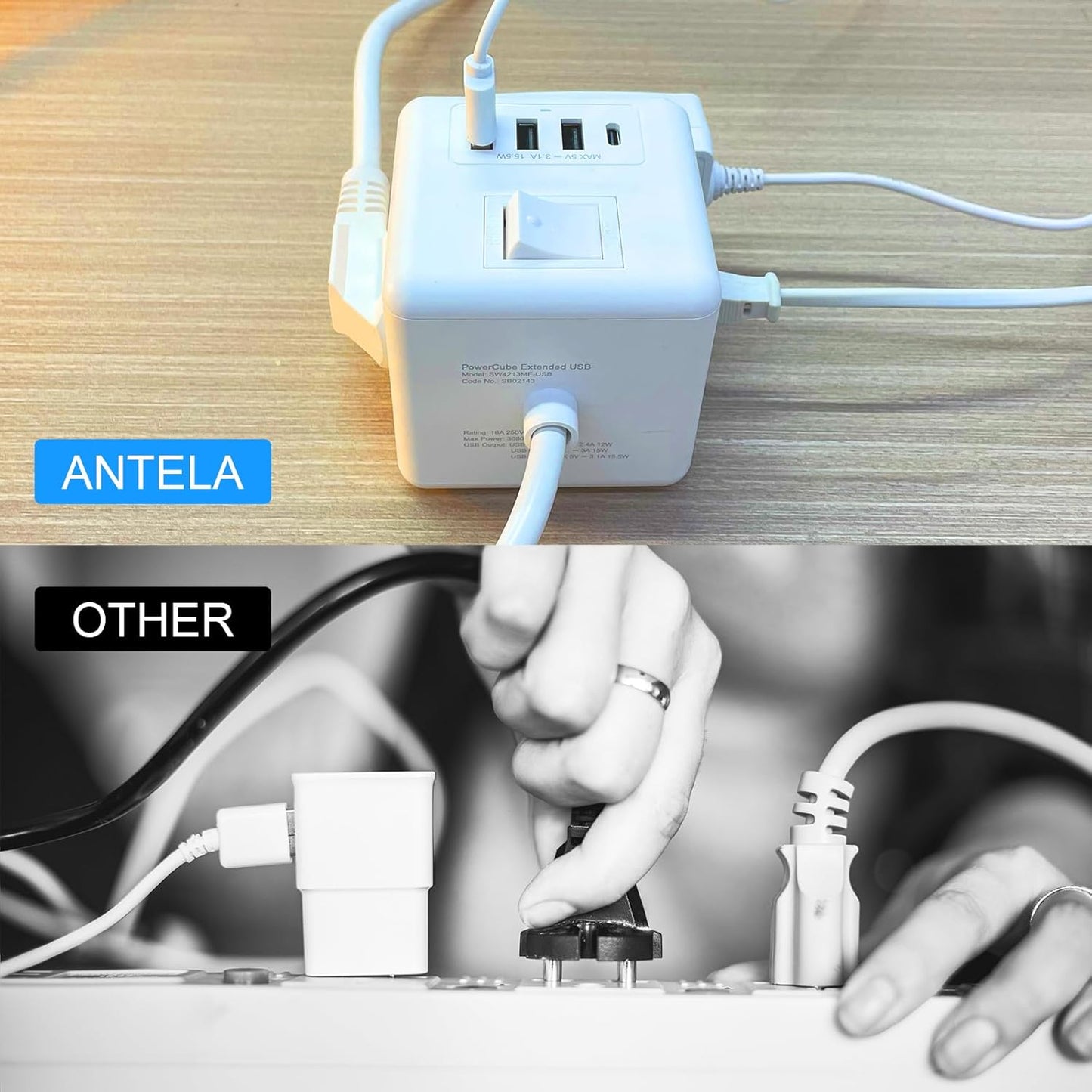 ANTELA Ciabatta Cubo Type-C, 3 Multiprese AC con 3 USB-A e 1 Type-C, Cubo Presa Multipresa Prolunga 1,5m, per Ufficio e Casa, 2 Pezzi