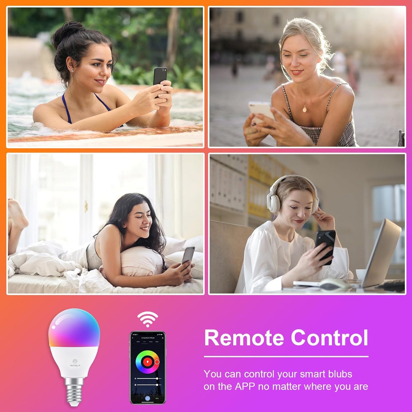 ANTELA Lampadina Alexa E14 4.5W, Smart Bulb LED G45 WiFi Lampadine RGB Bianco freddo Luce bianca calda, Controllo APP, Controllo vocale, Compatibile con Alexa, Google Home, 4Pezzi