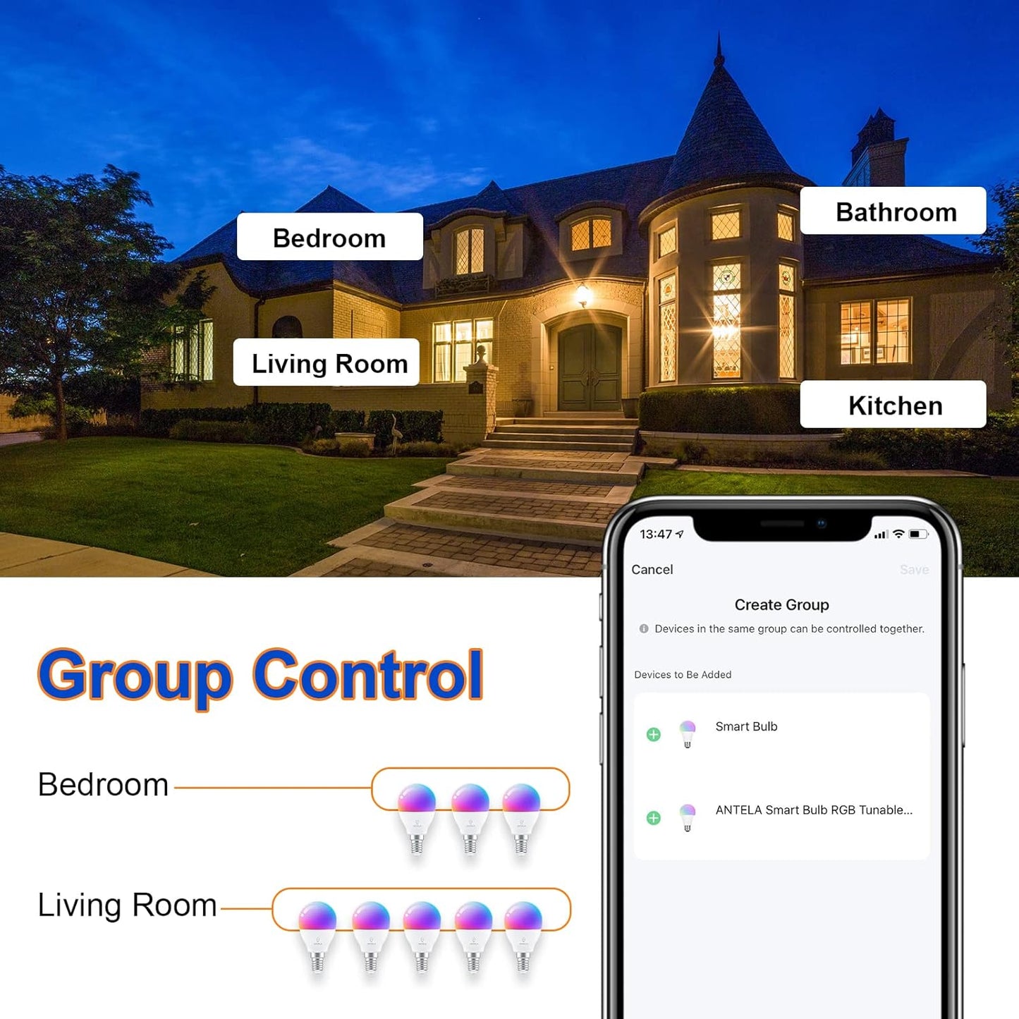 ANTELA Lampadina Alexa E14 4.5W, Smart Bulb LED G45 WiFi Lampadine RGB Bianco freddo Luce bianca calda, Controllo APP, Controllo vocale, Compatibile con Alexa, Google Home, 4Pezzi