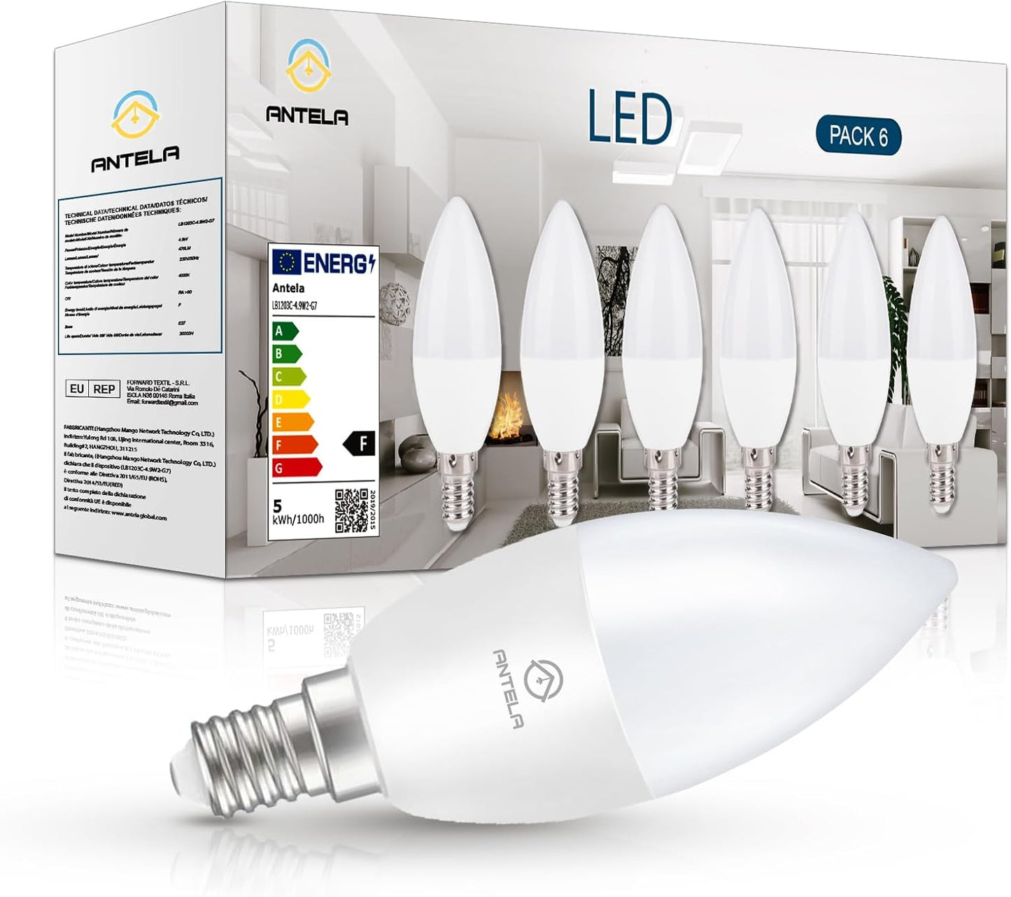 Antelink Lampada LED E14 Lampadina 5W 470LM 2700K bianco neutro sostituisce lampada a risparmio energetico a candela C37 da 50W, non dimmerabile, ERP, 6Pezzi
