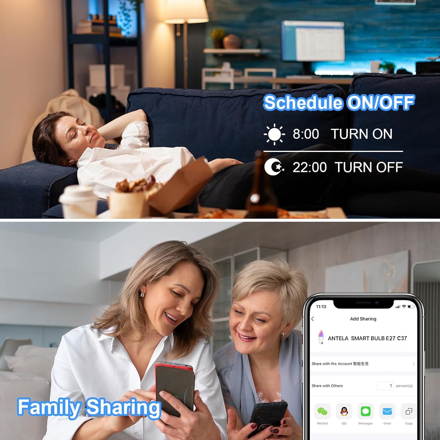 ANTELA Lampadine LED Alexa Inteligente WiFi E27 C37, 4,9W 470LM Dimmerabile RGB & 2700K-6500K Bianco Freddo Caldo, Compatibile con Alexa/Google Home, 4Pezzi