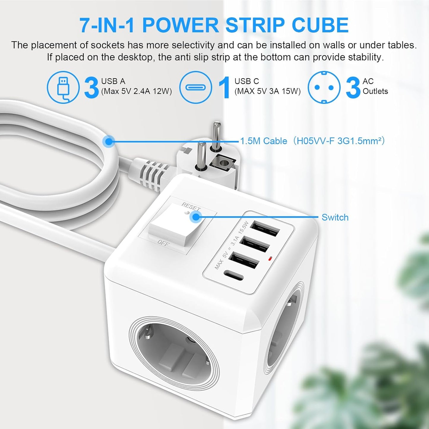 Anelink Ciabatta Cubo Type-C, 3 Multiprese AC con 3 USB-A e 1 Type-C, cubo presa multipresa prolunga 1,5m, per Ufficio e Casa 1PZ