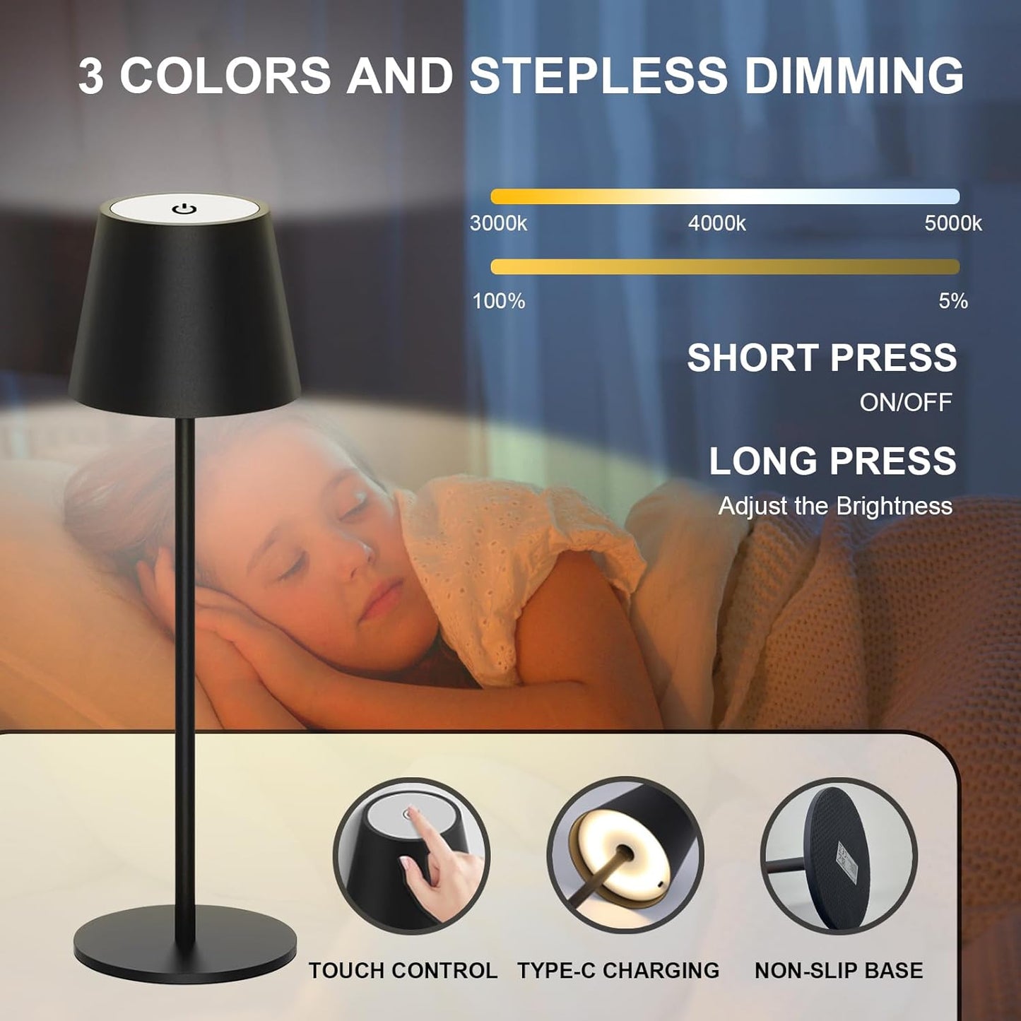 Antelink Lampada da Tavolo LED Senza Fili Ricaricabile, Dimmer Touch 3000K/4000K/5000K, Lampada da Scrivania Portabile, IP44, per Interni/Esterni, Ristorante/Camera da Letto/Bar, Nero
