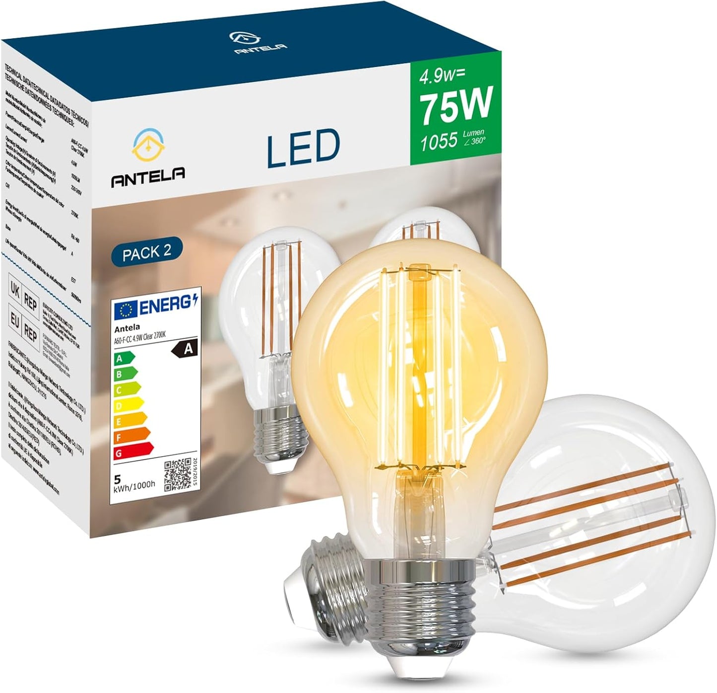 ANTELA Lampadina LED Classe A, E27 5W 1055LM 2700K Luce Bianca Calda Sostituisce 75W, Lampada a Risparmio Energetico Classe A, Non Dimmerabile, 2Pz
