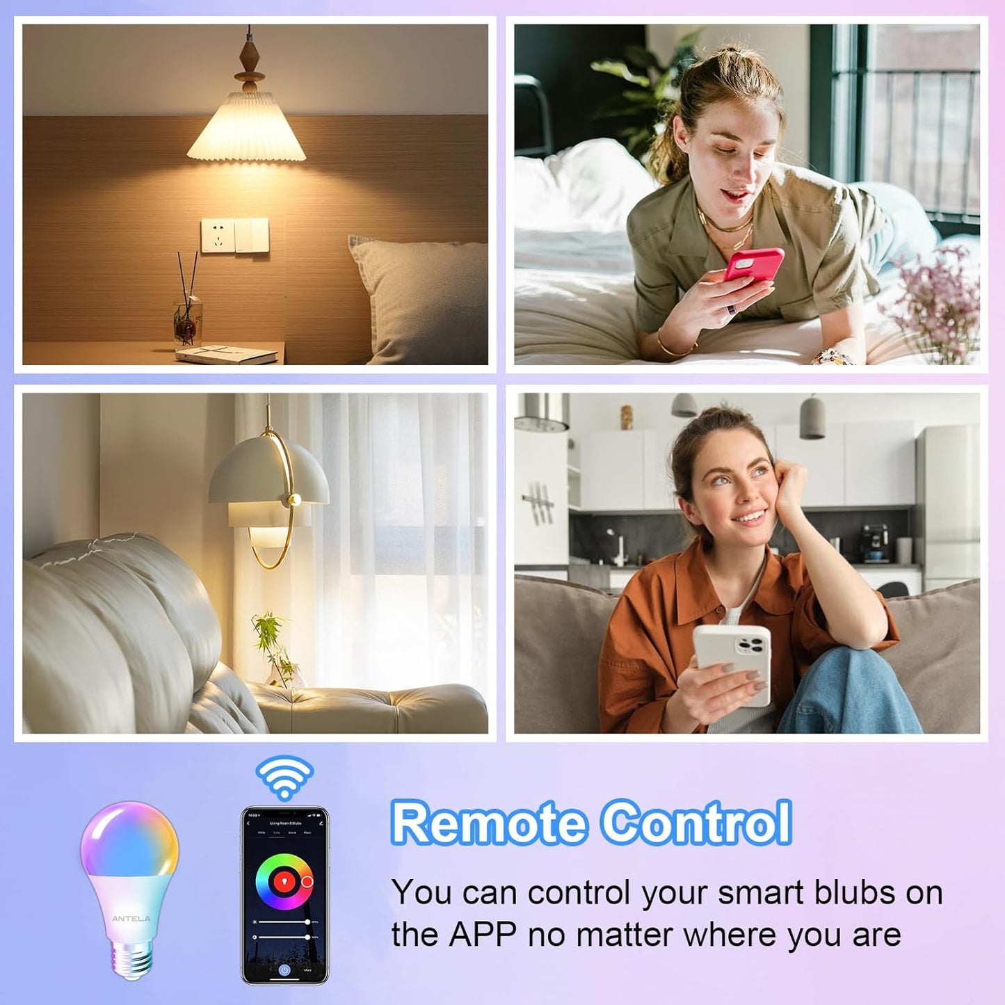 ANTELINK Lampadina WiFi Intelligente E27, 9W 1000 Lumen Lampadine Led Smart Alexa Multicolore RGBCW Dimmerabile 2700-6500K, Funziona con Alexa e Google Home, Telecomando con APP, 4Pezzi