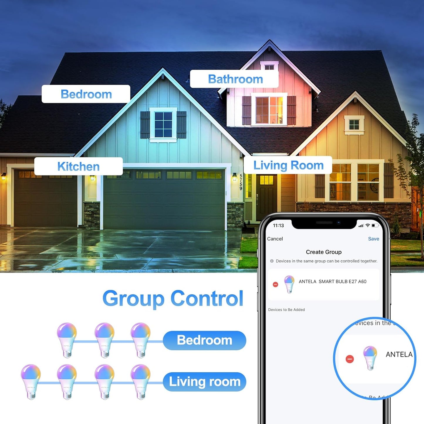 ANTELINK Lampadina WiFi Intelligente E27, 9W 1000 Lumen Lampadine Led Smart Alexa Multicolore RGBCW Dimmerabile 2700-6500K, Funziona con Alexa e Google Home, Telecomando con APP, 4Pezzi