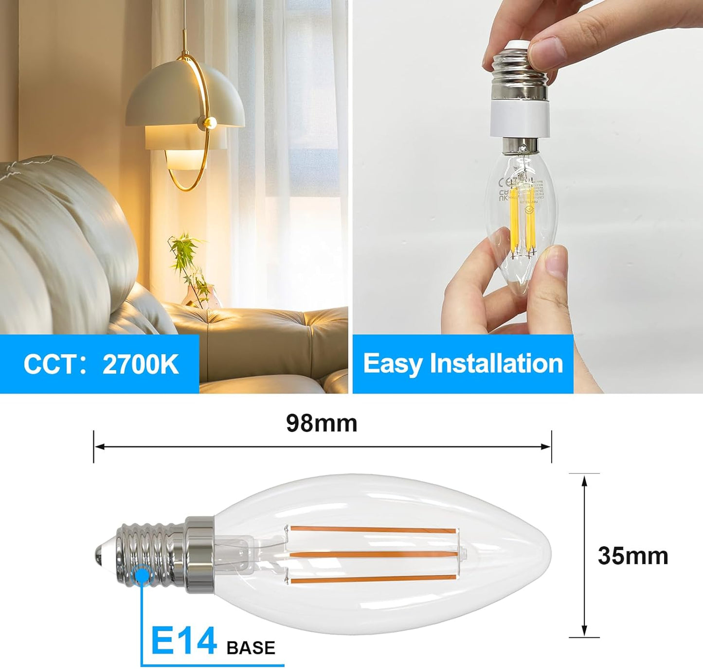 ANTELINK Lampadine Filamento LED E14, Forma a Candela C35, 4W (equivalenti a 40W), 470LM, 2700K Luce Bianca Calda, Non Dimmerabile, 6 Pezzi