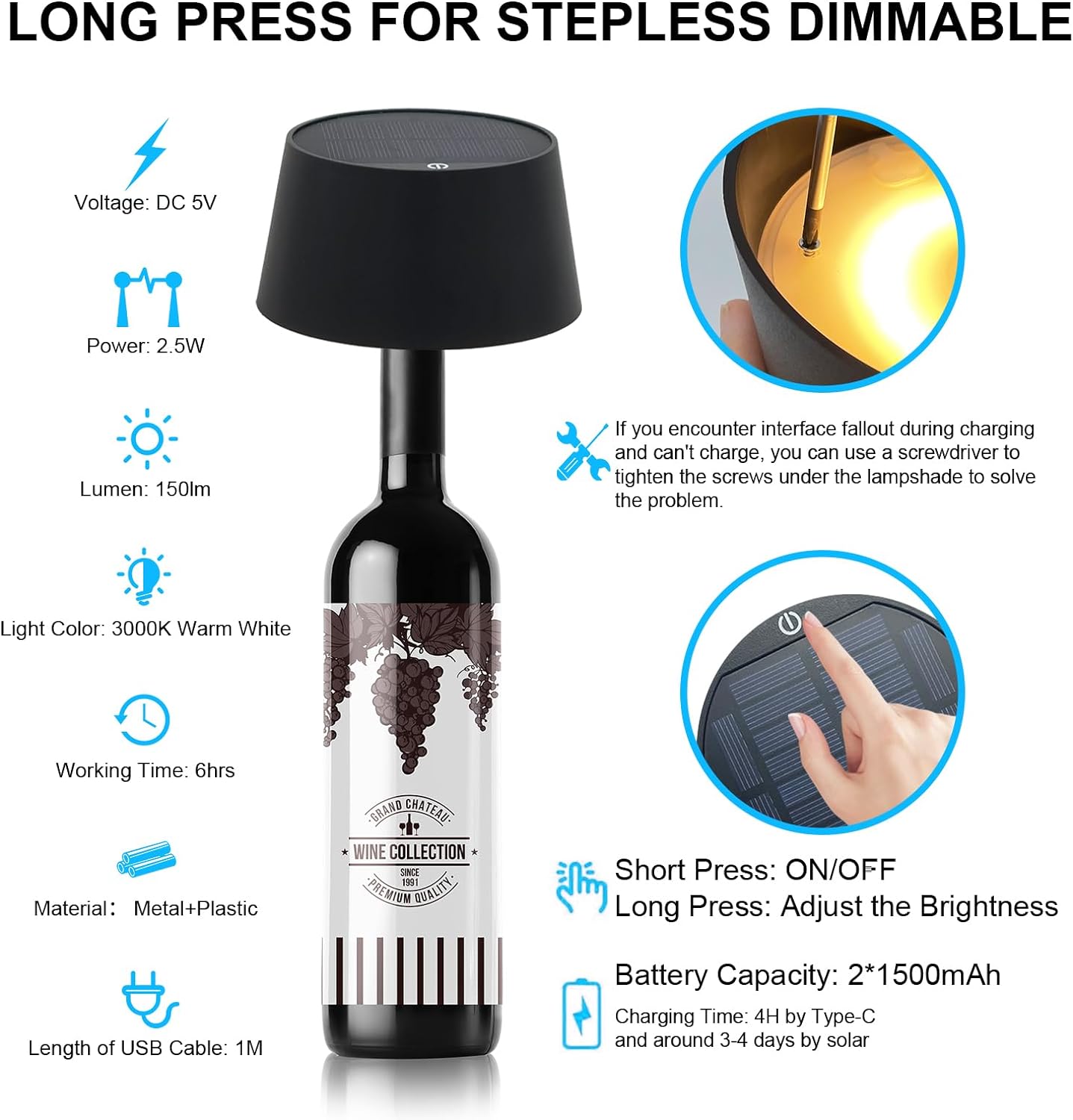 Antelink Lampada da Tavolo Senza Fili a Energia Solare, 3000K Dimmer Touch, Ricaricabili via USB e Solare, Lampada da Scrivania Portabile, per Ristoranti, Terrazze, Interni ed Esterni, Nero, 2 Pezzi