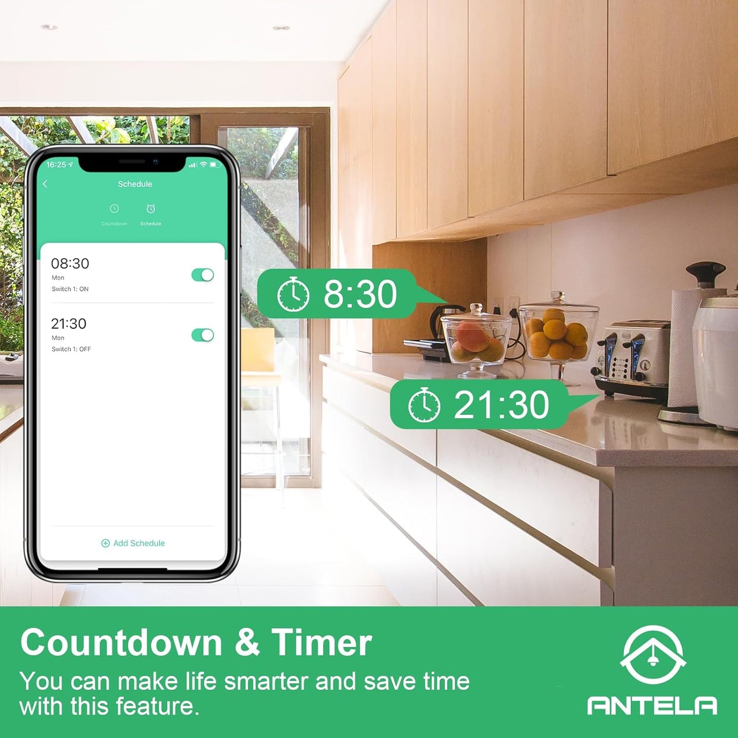 Antelink Presa Intelligente Alexa, Presa WiFi Type F con Monitoraggio Energetico, Smart Plug 16A, Controllo Vocale, Compatibile con Alexa e Google Home, Controllo Remoto Tramite APP, 2Pz