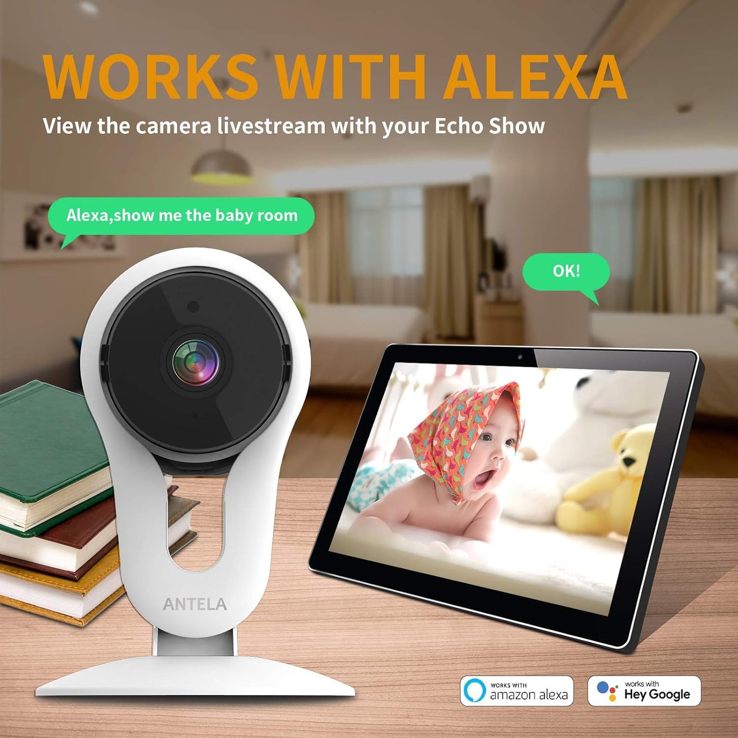 Antelink Telecamera Wi-Fi Interno 1080P, Videocamera Fissa di Sicurezza Domestica Compatibile con Alexa,Telecamera IP per Bambini con Sensore Rilevamento Movimento, Audio Bidirezionale,Visione Notturna