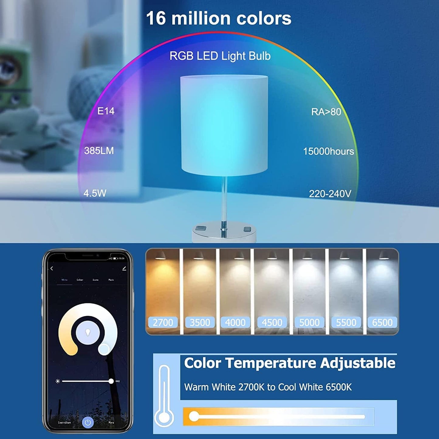 ANTELA Lampadina Alexa E14 Wifi, Dimmerabile Lampadina Smart 4,5W 385Lm 40W equivalente, RGBW bianco freddo caldo, compatibile con Alexa/Google Home, 2 pezzi