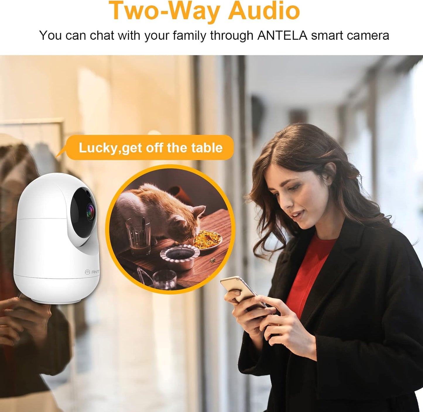 Antelink Telecamera IP Wi-Fi 2,4GHz & 5GHz da interno orientabile 355°/80°, telecamera di sorveglianza PTZ, Visione notturna IR,Rilevamento del Movimento, Compatibile con Alexa & Google Home