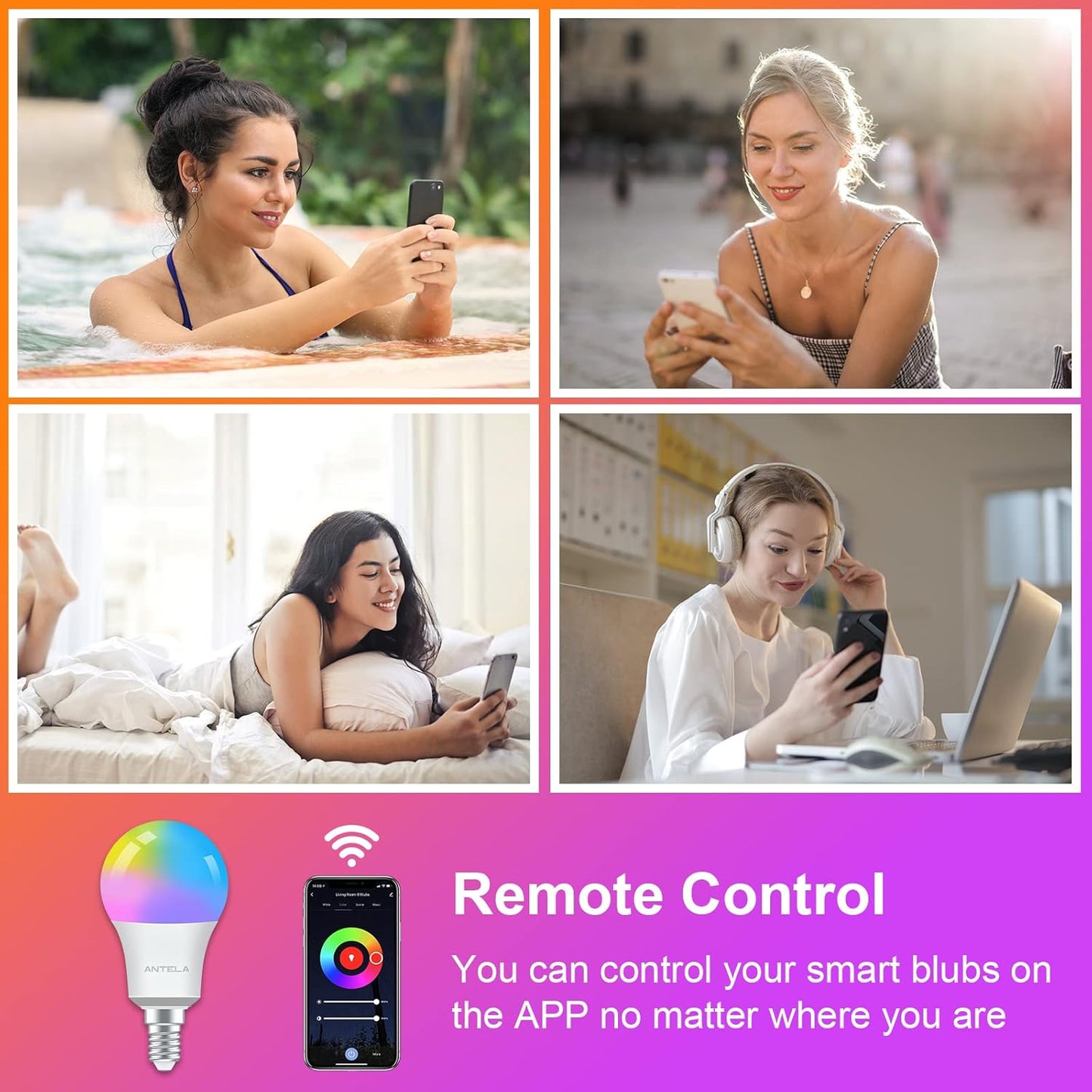 ANTELINK Lampadine LED Alexa Inteligente WiFi E14, Dimmerabile Lampadina Smart 8W 806ML 80W equivalente, RGB & 2700K-6500K bianco freddo caldo, compatibile con Alexa/Google Home, 4 pezzi
