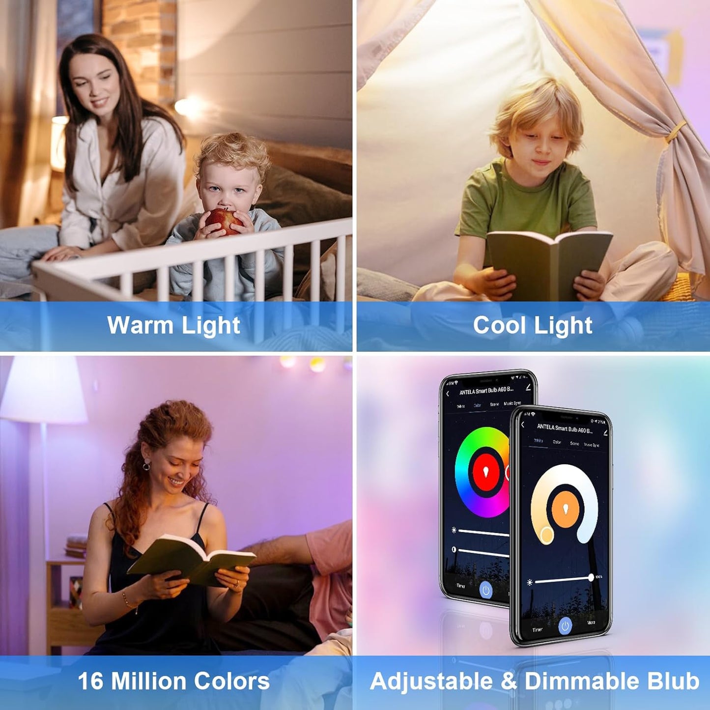 ANTELINK Lampadina WiFi Intelligente E27, 9W 1000 Lumen Lampadine Led Smart Alexa Multicolore RGBCW Dimmerabile 2700-6500K, Funziona con Alexa e Google Home, Telecomando con APP, 4Pezzi