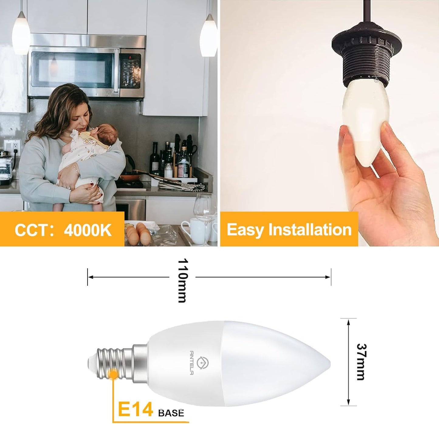 Antelink Lampada LED E14 Lampadina 5W 470LM 2700K bianco neutro sostituisce lampada a risparmio energetico a candela C37 da 50W, non dimmerabile, ERP, 6Pezzi