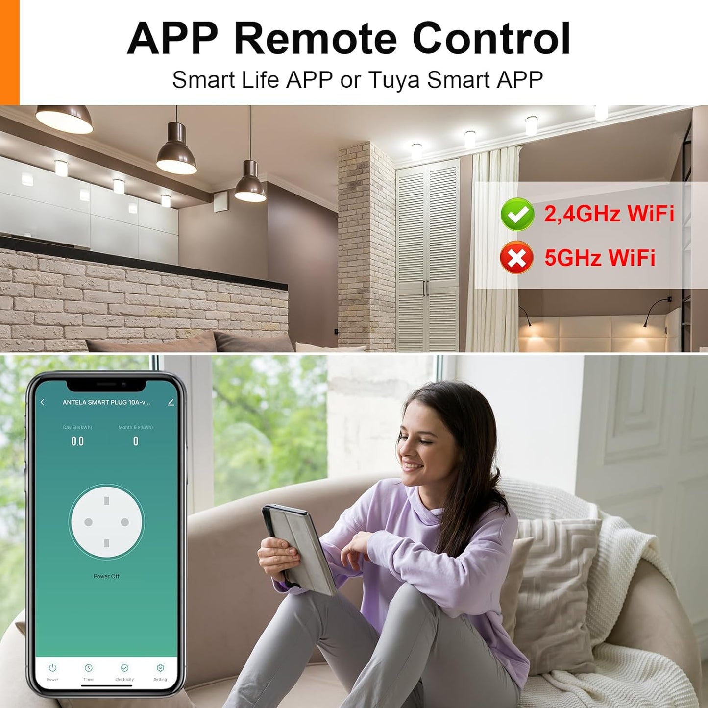 ANTELA Presa Intelligente Wifi, Presa Smart(Type F) 10A con Monitoraggio Energetico, Compatibile con Alexa/Google Assistant, Telecomando App, 2,4 GHz, 4 Pz