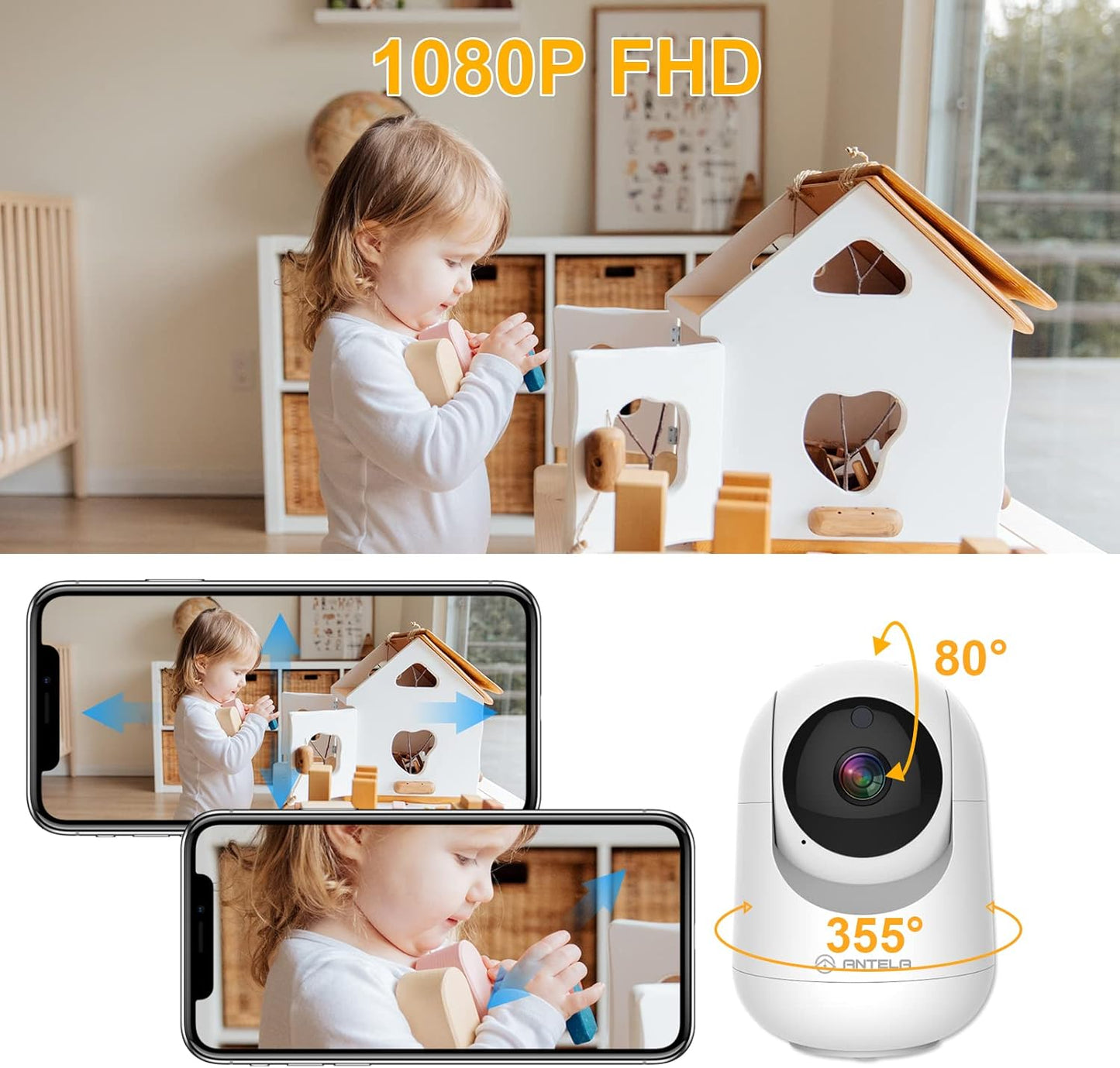 Antelink Telecamera IP Wi-Fi 2,4GHz & 5GHz da interno orientabile 355°/80°, telecamera di sorveglianza PTZ, Visione notturna IR,Rilevamento del Movimento, Compatibile con Alexa & Google Home