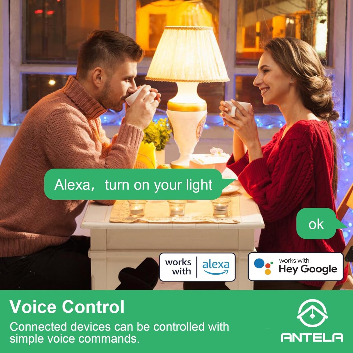 Antelink Presa Intelligente Alexa, Presa WiFi Type F con Monitoraggio Energetico, Smart Plug 16A, Controllo Vocale, Compatibile con Alexa e Google Home, Controllo Remoto Tramite APP, 2Pz