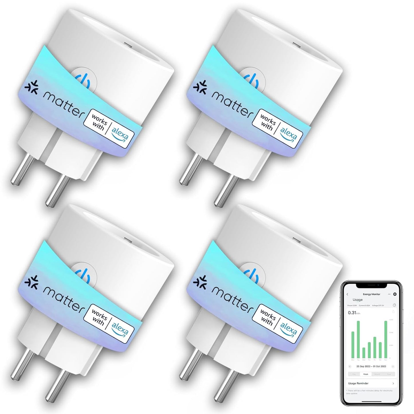 Antelink Matter Presa Smart Wifi, Presa Intelligente 16 A, Misurazione del Consumo Energetico, Compatibile con Alexa/Google Home/Smarthings, Telecomando App, 2,4 GHz, 4Pz