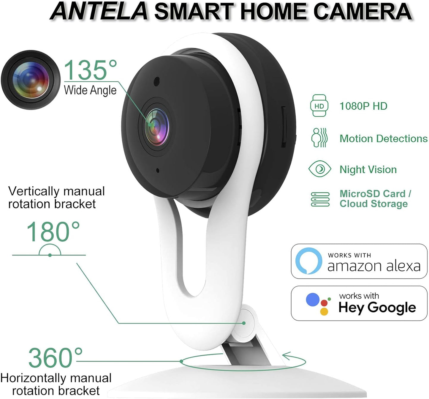 Antelink Telecamera Wi-Fi Interno 1080P, Videocamera Fissa di Sicurezza Domestica Compatibile con Alexa,Telecamera IP per Bambini con Sensore Rilevamento Movimento, Audio Bidirezionale,Visione Notturna