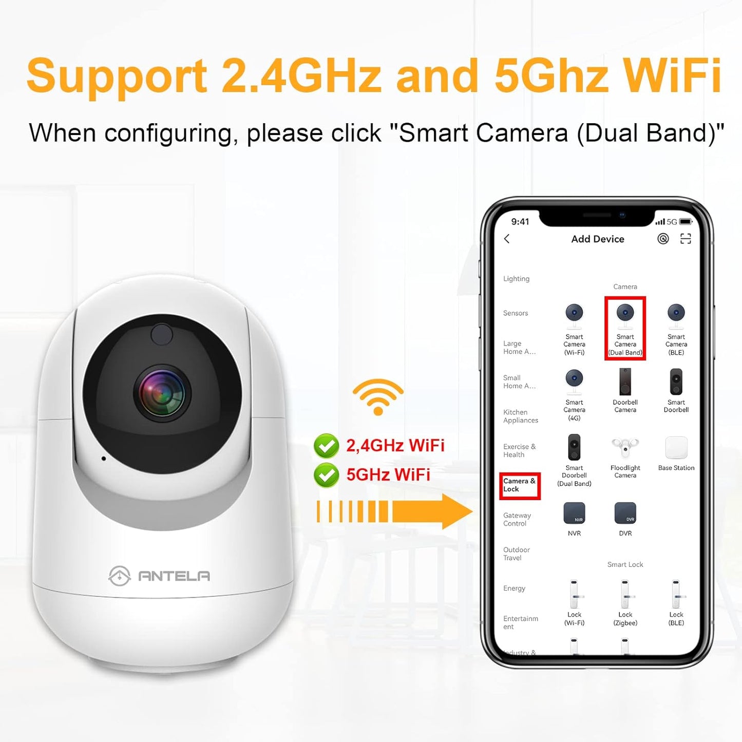 Antelink Telecamera IP Wi-Fi 2,4GHz & 5GHz da interno orientabile 355°/80°, telecamera di sorveglianza PTZ, Visione notturna IR,Rilevamento del Movimento, Compatibile con Alexa & Google Home