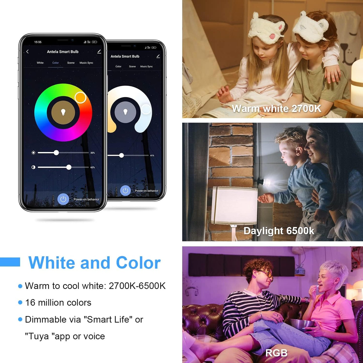 Antelink Smart Bulb E27 Alexa WiFi Light Bulbs, 10W LED Screw Bulb, 2700K-6500K RGB Multicolored Dimmable, Smart Life App Control, Compatible with Alexa, Google Home, No Hub Required, 4 Packs