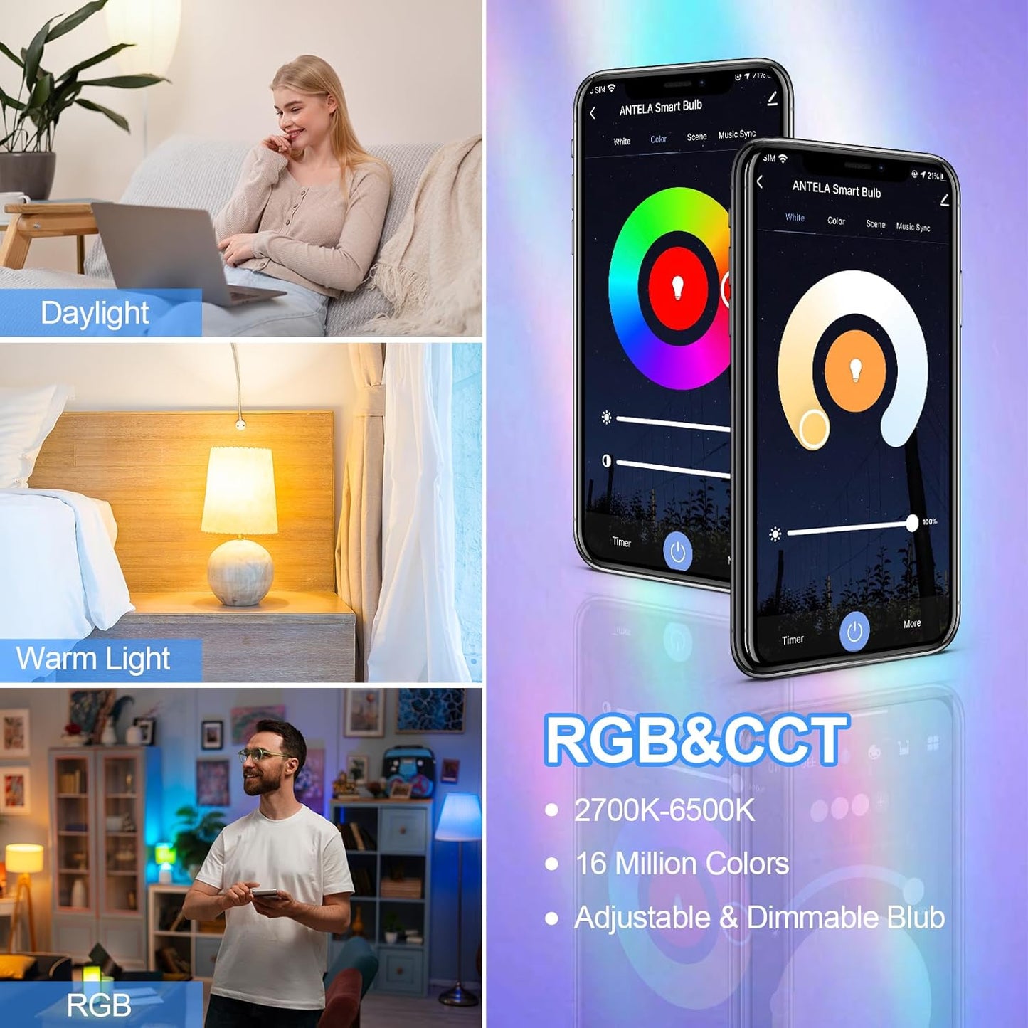 ANTELA Lampadine LED Alexa Inteligente WiFi E27 C37, 4,9W 470LM Dimmerabile RGB & 2700K-6500K Bianco Freddo Caldo, Compatibile con Alexa/Google Home, 4Pezzi