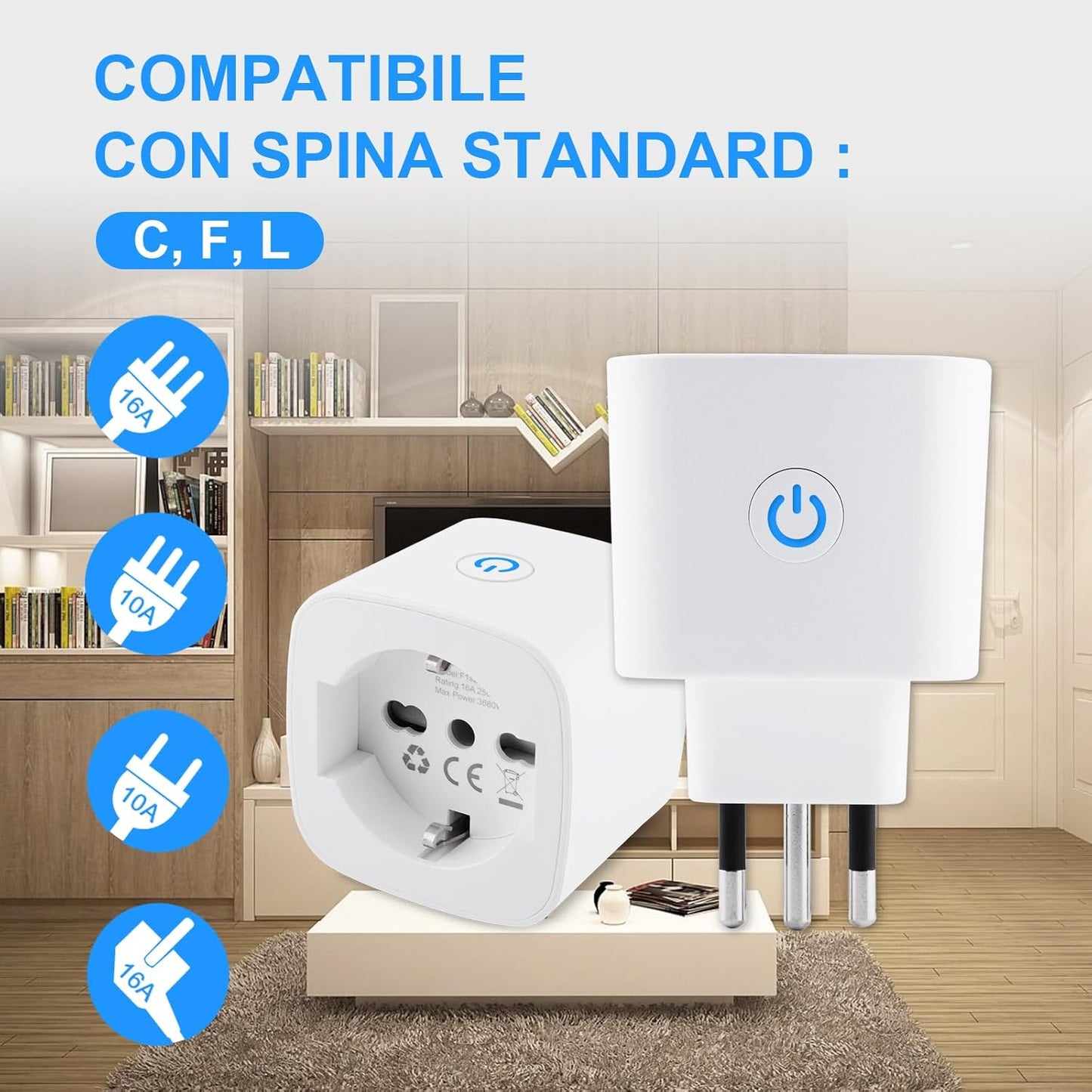 Presa Wifi Italiana (Type L), Monitoraggio energetico Intelligente Smart Plug, Protezione Sovraccarico, Timer e Regolazione del Programma, Compatibile con Alexa & Google Home, 2 Pezzi