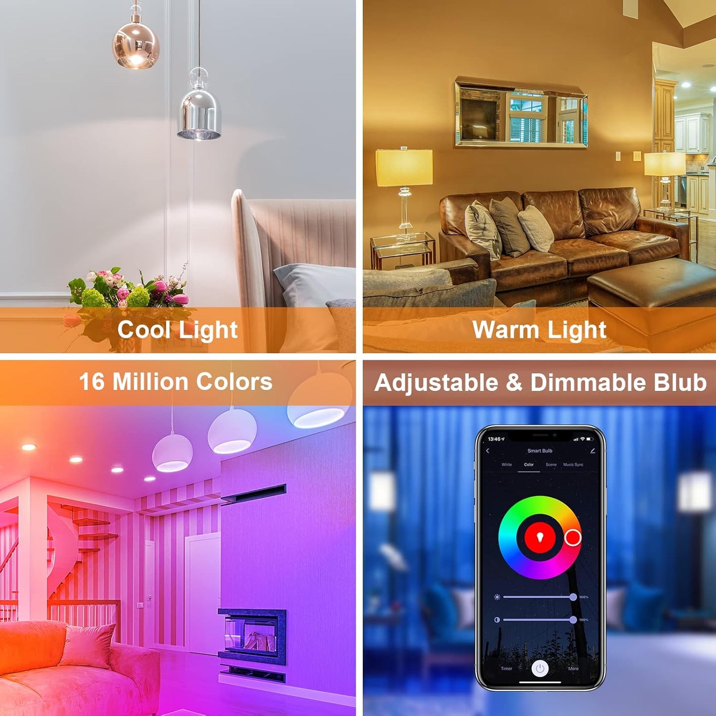 ANTELA Lampadina Alexa E14 4.5W, Smart Bulb LED G45 WiFi Lampadine RGB Bianco freddo Luce bianca calda, Controllo APP, Controllo vocale, Compatibile con Alexa, Google Home, 4Pezzi