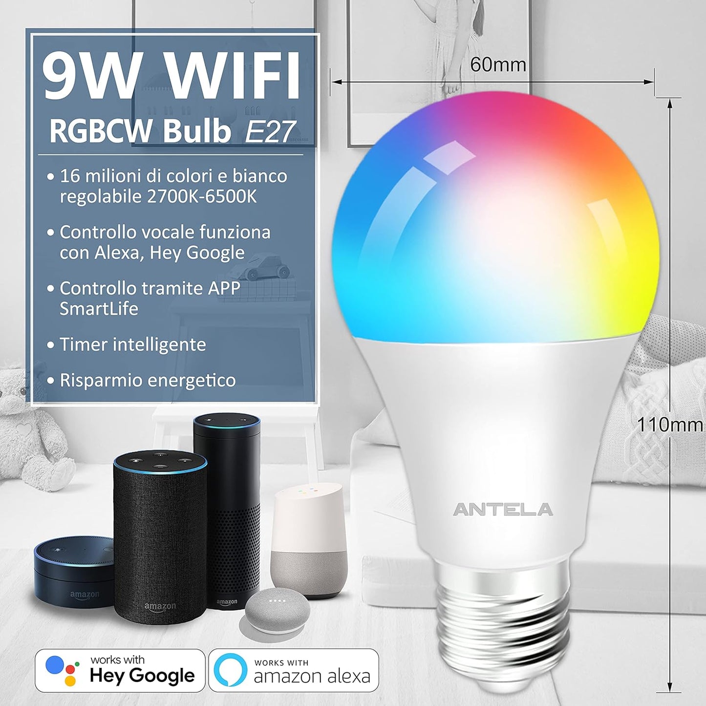 Antelink Smart Bulb Alexa WiFi Light Bulb E27 9W LED Screw Bulb, 2700K-6500K RGB Multicolored Dimmable, Smart Life App Control, Compatible Alexa and Google Home, 2 Packs