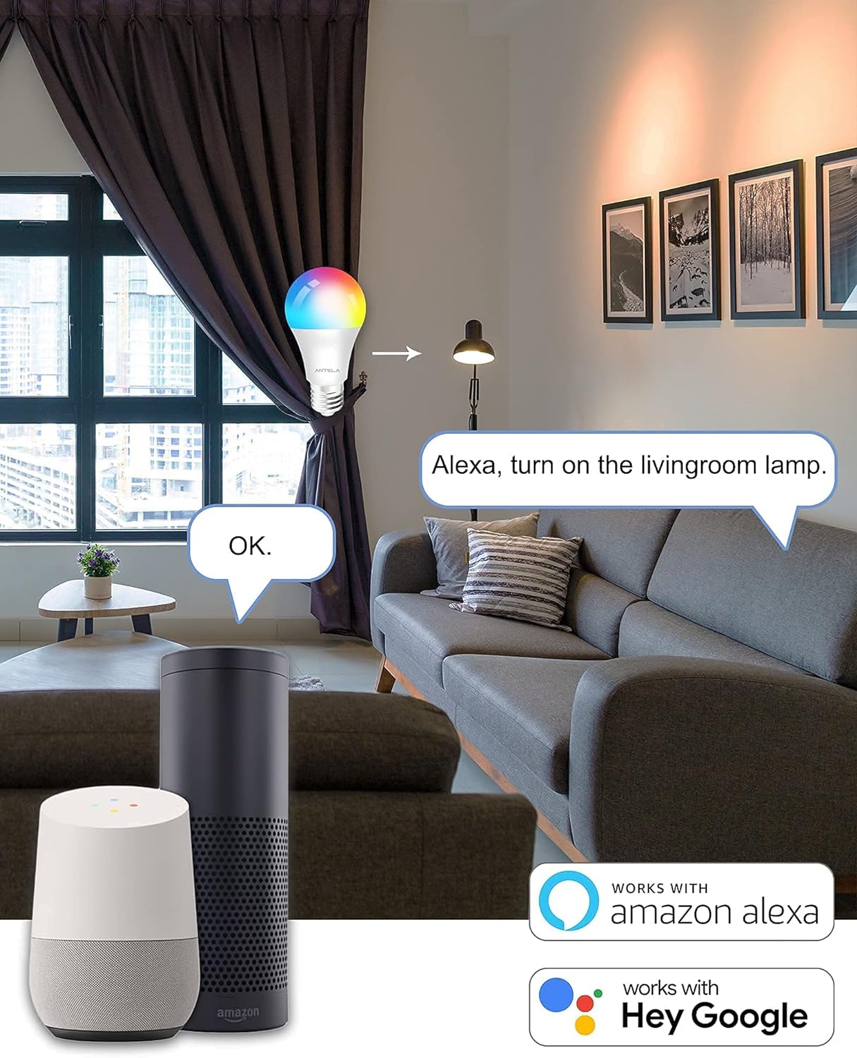 Antelink Smart Bulb Alexa WiFi Light Bulb E27 9W LED Screw Bulb, 2700K-6500K RGB Multicolored Dimmable, Smart Life App Control, Compatible Alexa and Google Home, 2 Packs