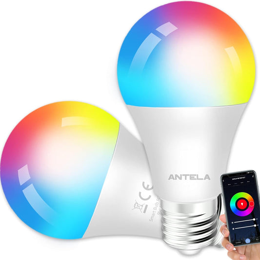 Antelink Smart Bulb Alexa WiFi Light Bulb E27 9W LED Screw Bulb, 2700K-6500K RGB Multicolored Dimmable, Smart Life App Control, Compatible Alexa and Google Home, 2 Packs
